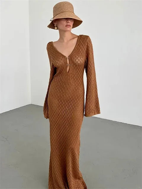 Leila™ - Gebreide lange jurk met V-hals
